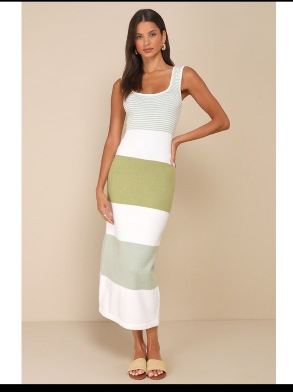 Lulu's Striped Sleeveless Knit Maxi Dress in Cream & Olive
